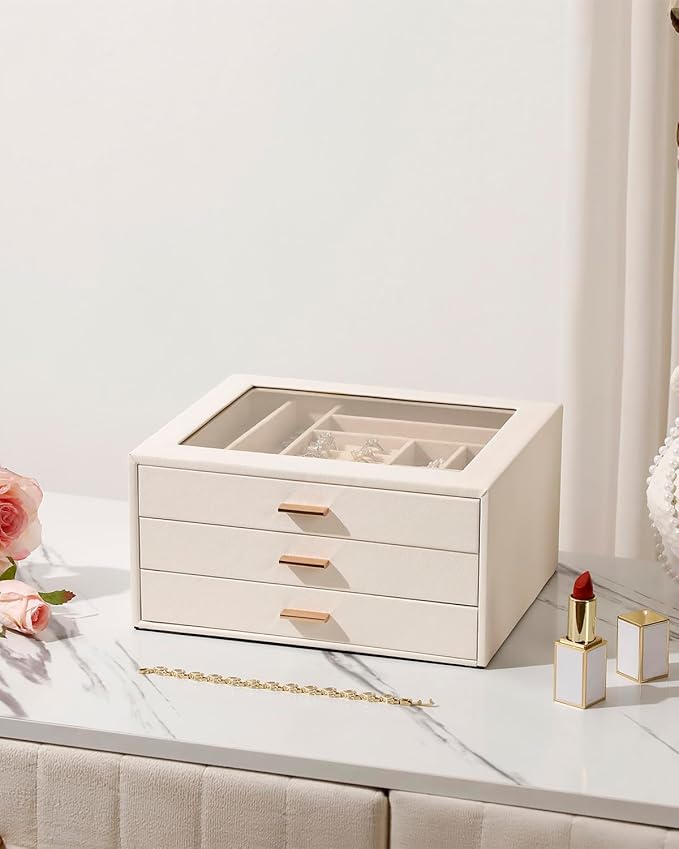 Jewelry Box with Glass Lid,3-Layer Jewelry Boxes for Women,PU Leather Jewelry Organizer with 20-Grid Earring Drawer & Movable