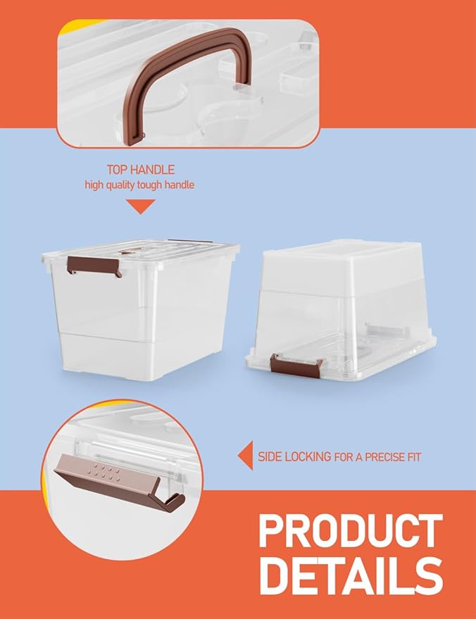 WYT 32 Qt Plastic Clear Storage Bin with Durable Lids and Latching Buckle, 6-Pack Tote Organizing Box Stackable and Nestable