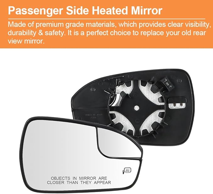 Senzeal Passenger Side Heated Mirror Glass Replacement Convex Mirror with Blind Spot mirror for Ford Fusion 2013 2014 2015 2016 2017 2018 2019 2020 DS7Z17K707B (Right Side)