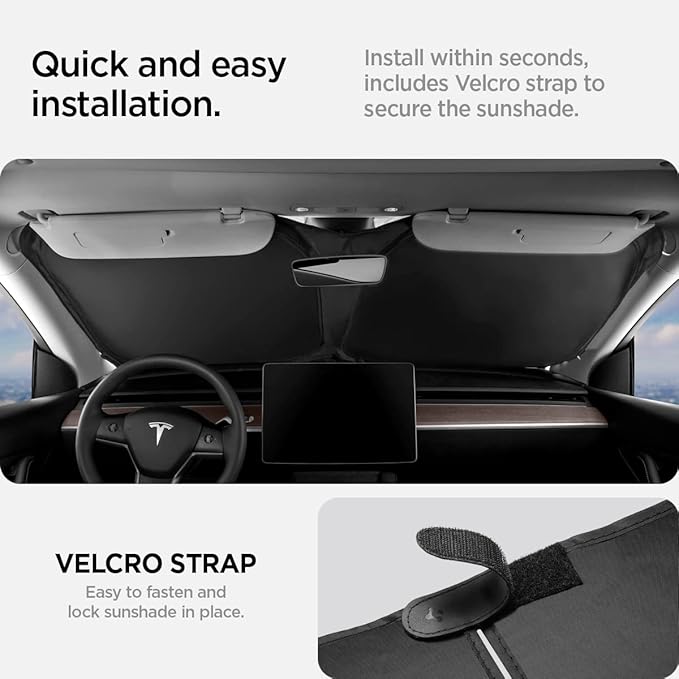 Spigen Front Windshield Sunshade for All Tesla Model Y & 3 | Dual Layered Protection Car Accessories for Model Y Juniper and Model 3 Highland | Gift for Tesla Owner