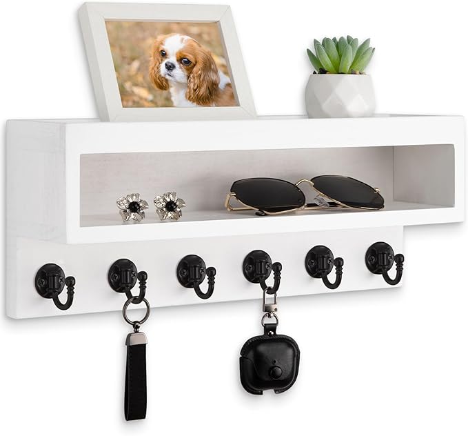 Key and Mail Holder Wall Mount, Key Hanger with Long Storage Box and 6 Hooks for Coat, Dog Leash, Home Decor Rack, House Acce