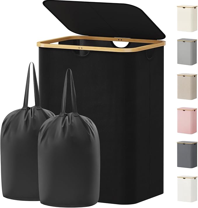Lifewit 150L Laundry Basket with Lid, Clothes Hampers with Bamboo Handles and 2 Removable Bags, Large Foldable Laundry Hamper