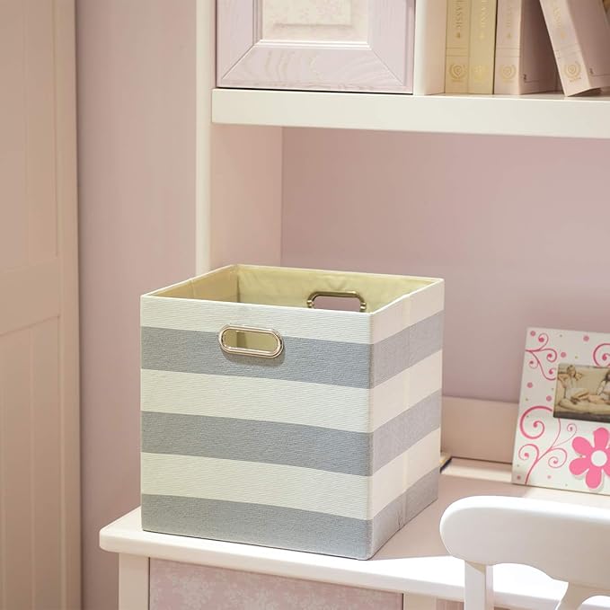 Posprica Storage Cubes,13×13 Collapsible Storage Baskets Bins Fabric Drawers - 2pcs, Grey-white Striped