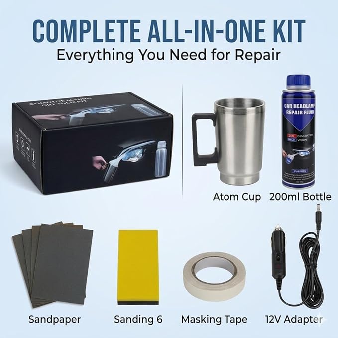 Car Headlight Lens Polish & Scratch Repair Kit, Automotive Headlamp Clarifying Tool with Atomizing Cup, 12V Power Cord and Sa