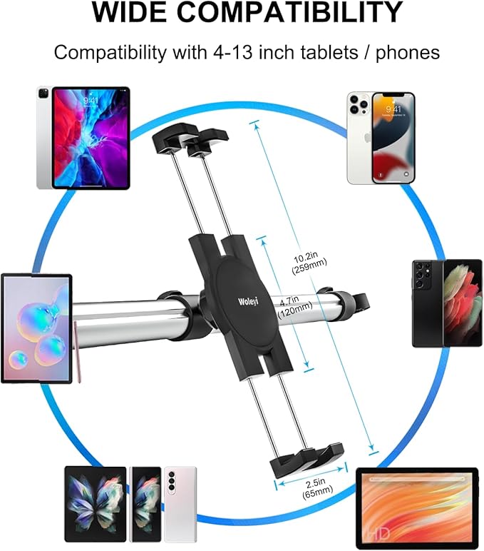 woleyi Car Headrest Tablet Holder Mount - [Anti Shake & Stretchable] Tablet Holder Back Seat for Car Between Kids Stand, for iPad Pro Air Mini, Galaxy Tab, Kindle Fire, Switch, iPhone, 4.7-13" Devices