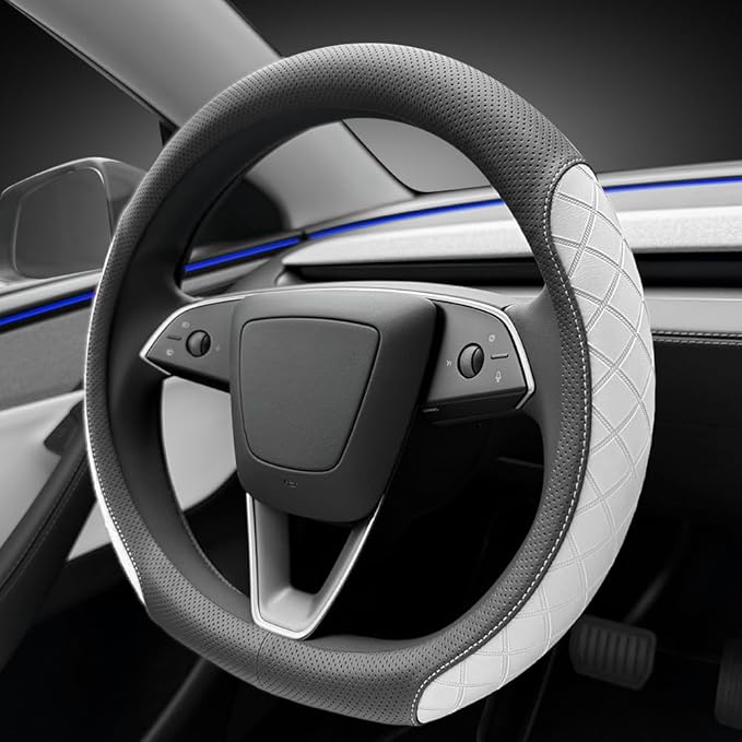 LKWLIKEI Leather Steering Wheel Cover. Elegant Diamond Checkered Design, Non-Slip and Breathable, for Tesla Model 3/Y Steerin