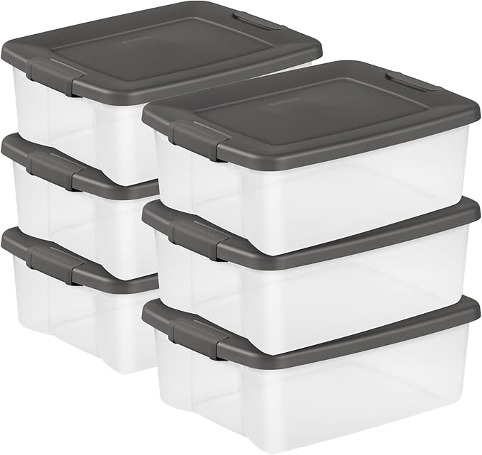 Sterilite 6-Pack ShelfTote, Clear Plastic Storage Bins with Lids, 25 Quart, Gray - Stackable Organizing Container Boxes for C