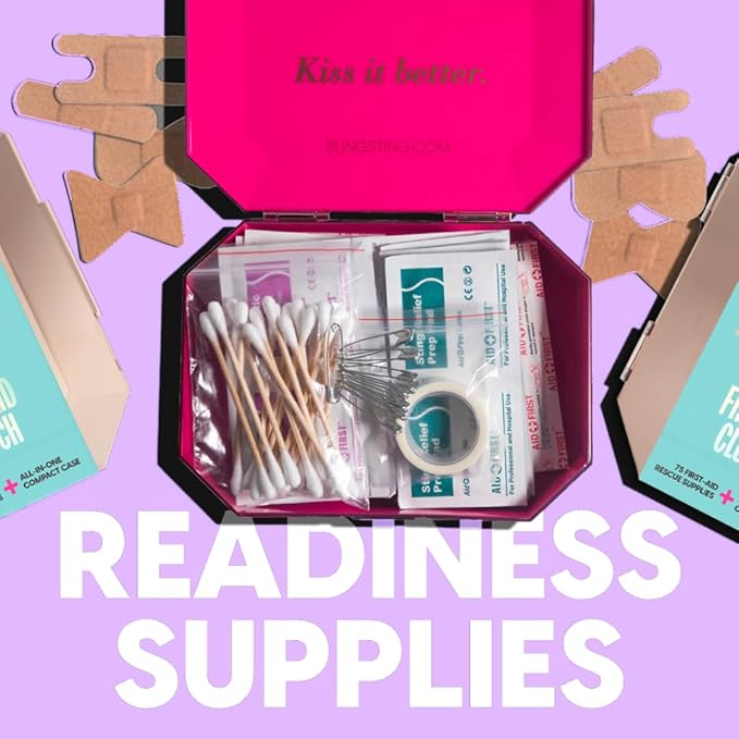 BLINGSTING First Aid Kit - 75 Essential First-aid Supplies, Bandages, Wipes, Gold Travel Case - Multipurpose Mini Emergency K