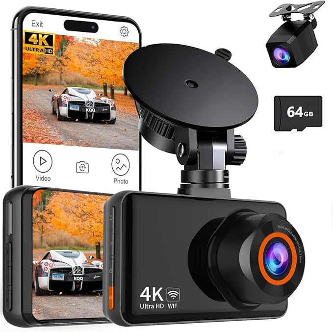 WiFi Dash Cam Front and Rear, 4K Front 2.5K Car Camera, 3" IPS Screen, 170° Wide Angle, WDR Night Vision, 64GB SD Card Included, Loop Recording, G-Sensor, 24H Parking Monitor, Type-C Charging (K9)