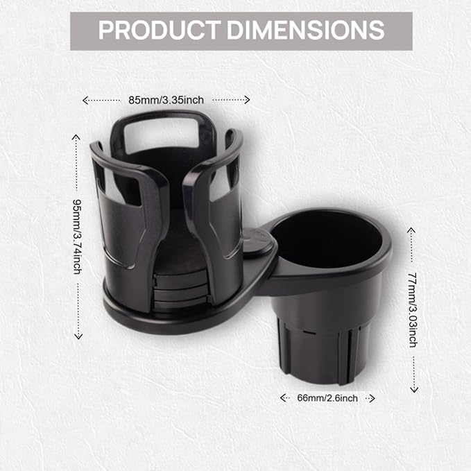 360° Rotating Car Cup Holder, Adjustable Dual Drink Holder, 3.35 inch Base Width, Black