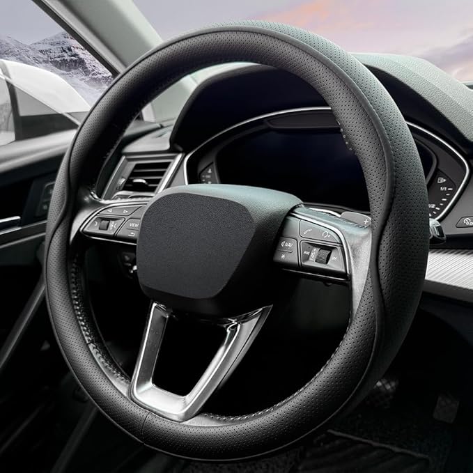 HAOTULE Leather Steering Wheel Cover， with Anti-Slip Stripe Design - Enhanced Grip, Fashion Style, Safe, Non-Slip, Breathable