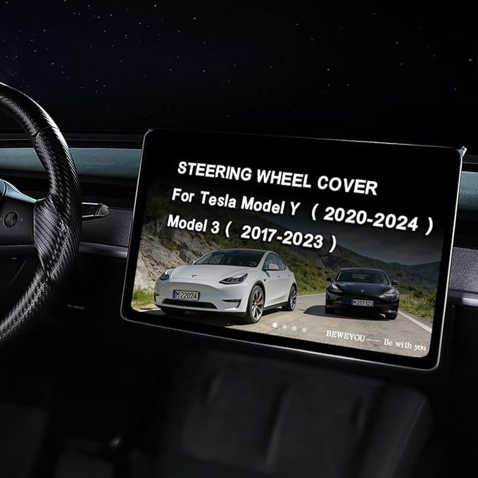 Carbon Fiber Steering Wheel Cover for Tesla Model 3 2017-2023 & Model Y 2020-2024, Anti-Slip Wear-Resistant High Temperature Resistant (Matte Black)