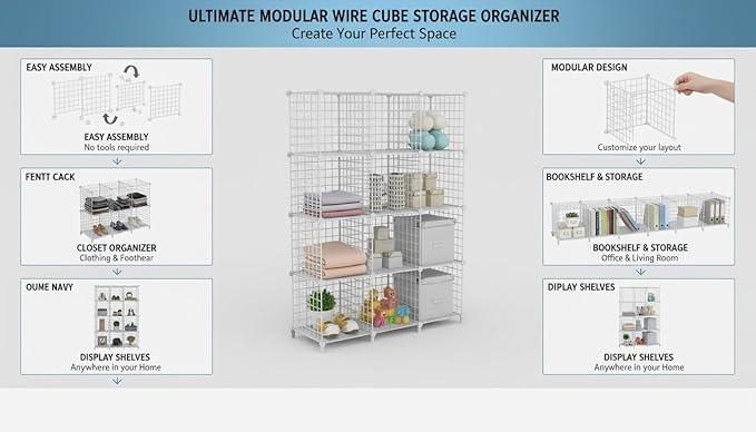 12-Cube Storage Organizer, Metal Wire Cube Shelving Unit, 11.8" L x 11.8" W x 11.8" H, Modular Grid Bookshelf for Closet, Bed