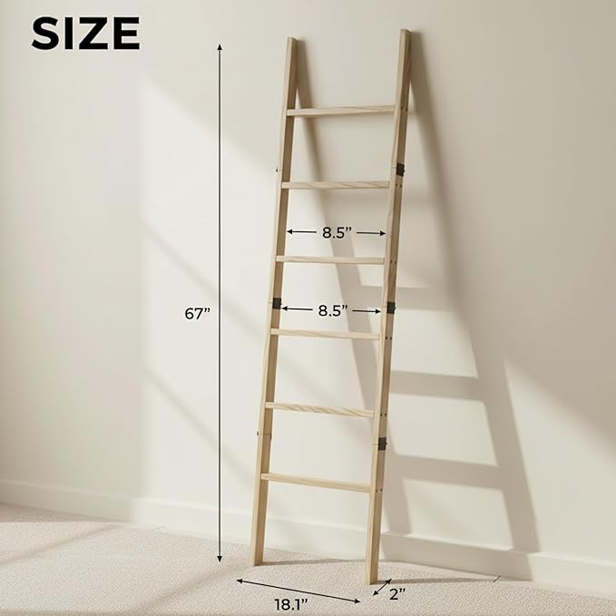Blanket Ladder for Living Room 6-Tier, Wooden Decorative Quilt Holder for Bed Room, Wall-Leaning Towel Rack for Bathroom, Dec