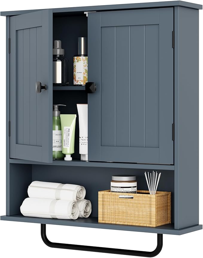 RRX Bathroom Cabinet Wall Mounted Medicine Cabinets with Towels Bar, Over The Toilet Storage Cabinet with 2 Doors and Adjusta