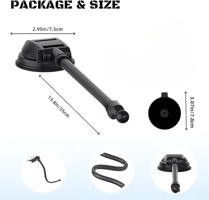 Suction Cup Mount for Carplay Screen with 11.8” Long Arm, 360° Adjustable Aluminum Alloy Arm Strength Windshield Dashboard Mount with 78mm Strong Adhesive Disk Replacement Holder for GPS Mount