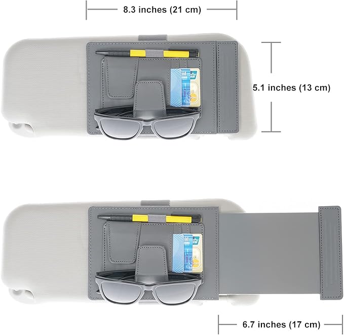 TFY Car Sun Visor Extender and Organizer, Universal Sunshade Anti-Glare, Vehicle Storage Holder for Sunglasses, Pens and Cards, Multi-Pocket Auto Interior Accessories - 1 Piece (Gray)
