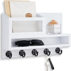 Key Holder for Wall, Mail Organizer Wall Mount with Storage Compartment and 5 key Hooks for Coat, Dog Leash, Stylish Mesh Mai