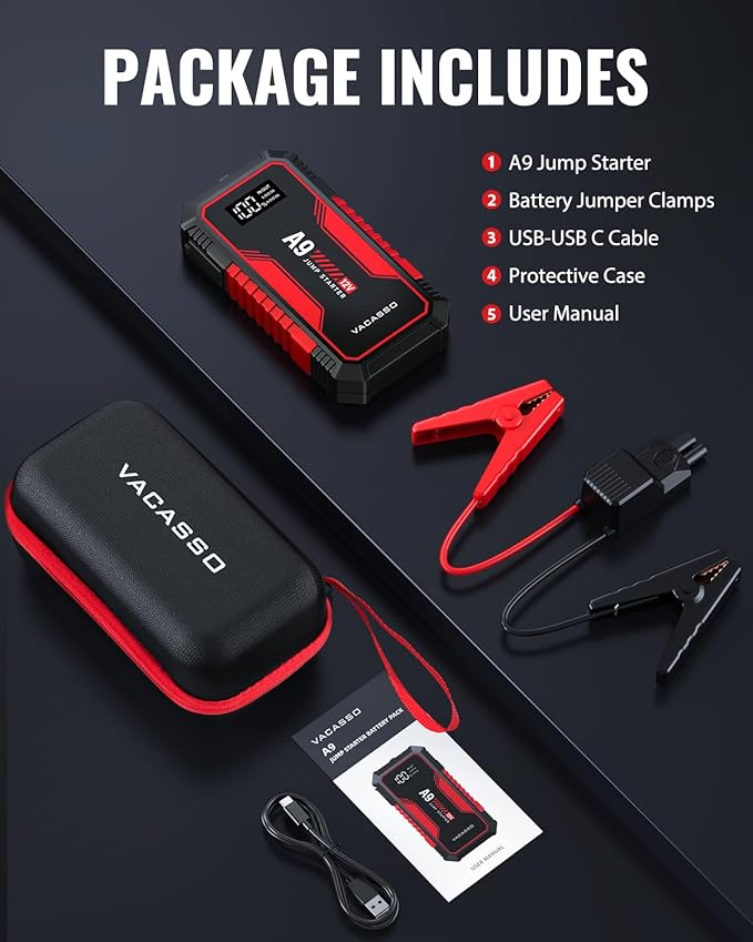 Jump Starter 4000A, VACASSO A9 Battery Jumper Starter Portable (7L Gas/4L Diesel), 12V Car Battery Booster Jump Starters