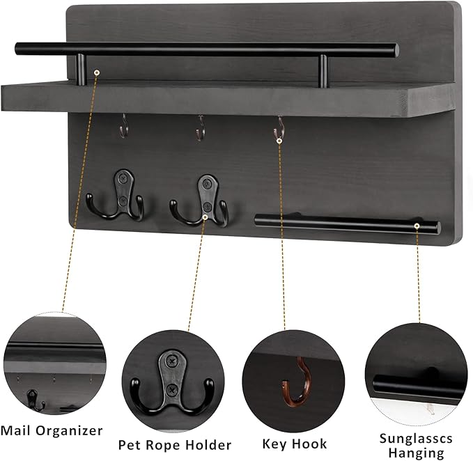 OurWarm Wall Mounted Key Hanger with 5 Hooks, Decorative Wooden Mail Organizer with Shelf, Rustic Home Decor for Entryway, Mu