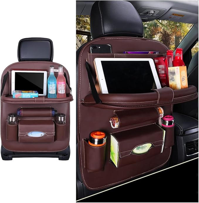 Car Seat Back Organizer, Leather Vehicle Seatback Storage Pocket with Foldable Table Tray, Multifunctional Automotive Backsea