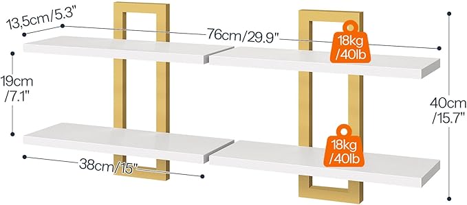 HOOBRO Floating Shelves, 15 Inch Wall Shelf Set of 2, Wall Mounted Storage Shelves 2-Tier, Hanging Bathroom Shelves, for Livi