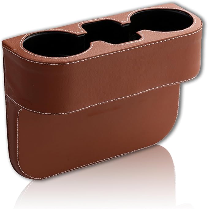 Car Cup Holder, PU Leather Auto Front Seat Organizer, Multifunctional Cup Drink Holders, Gap Filler Storage Box Coin Bucket Console Side Pocket Cell Mobile Phone Holder (Brown)