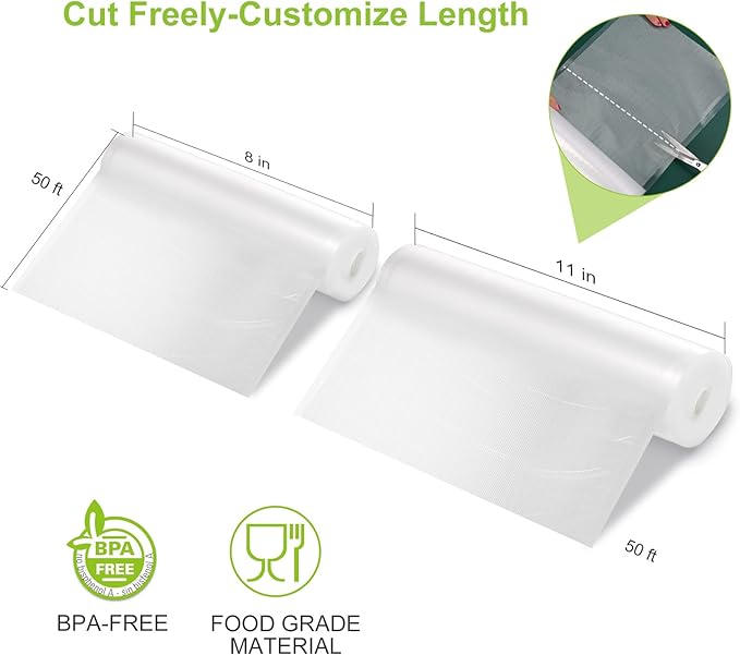 Bonsenkitchen Vacuum Food Sealer Rolls Bags, 8" x 50' & 11" x 50' Commercial Grade BPA Free Bag Rolls, Durable Customized Siz