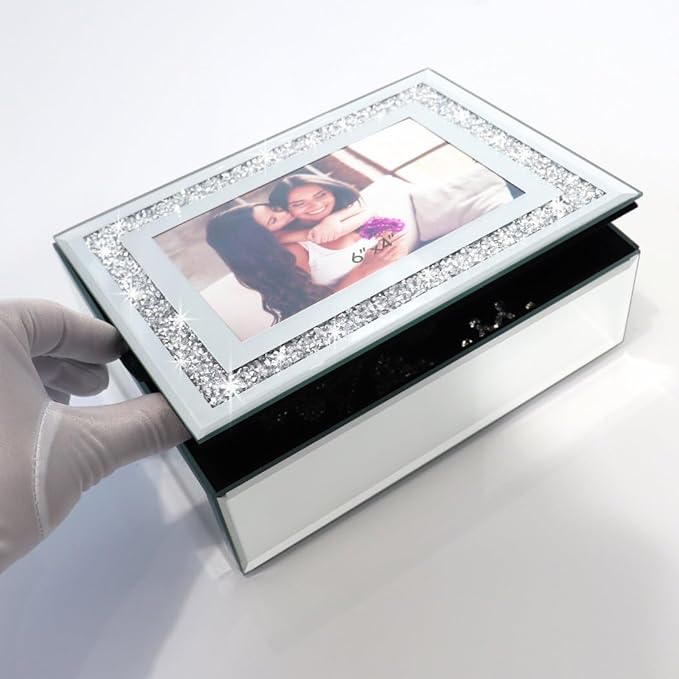 Qmdecor Crushed Diamond Mirrored Jewelry Box With Photograph 4x6inch On Top, Silver Glass Bling Jewelry Organizer Photo Pictu