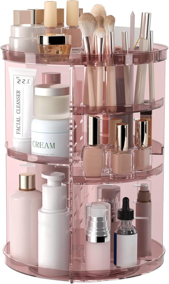 Rotating Makeup Organizer, DIY 8 Adjustable Layers 360 Spinning Skincare Organizers, Makeup Storage Carousel Tower with Brush