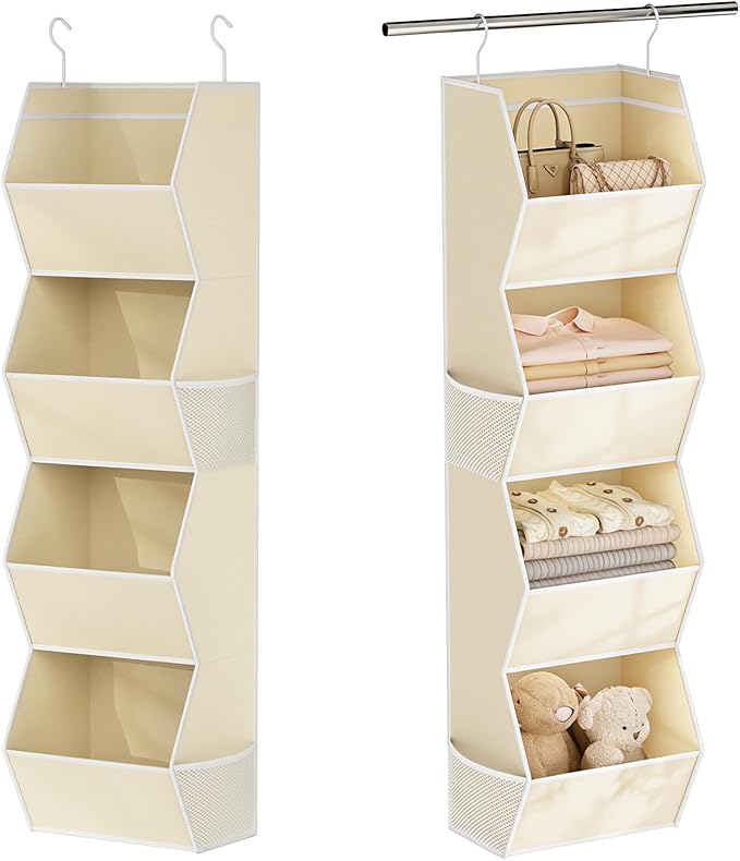 Hanging Closet Organizer 4 Shelf Collapsible Fabric Closet Organizers and Storage Hanging with Mesh Pocket for Clothes, Hangi