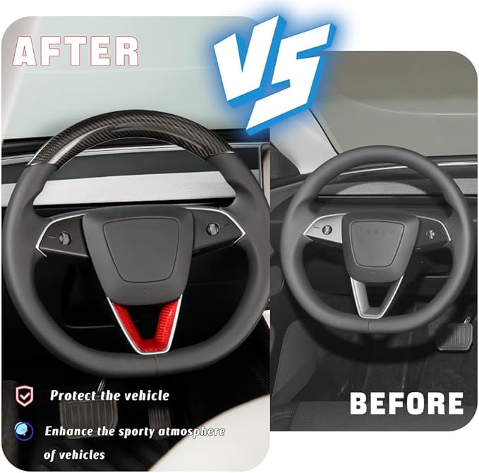 JSWAN Carbon Fiber Steering Wheel Panel Cover Fit for Tesla Refreshed Model 3 Highland Performance (2024+) Model Y Juniper (2025+) Steering Wheel Frame Trim Cover (Red Twill Weave)