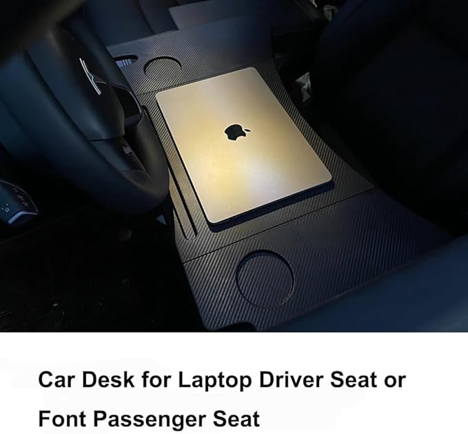 Car Laptop Desk Fit for Tesla Model Y/3, Carbon Fiber Tray, Steering Wheel Table for Eating and Working, Car Tray Table for Driver&Passenger with Dual Folding Strong Hinge
