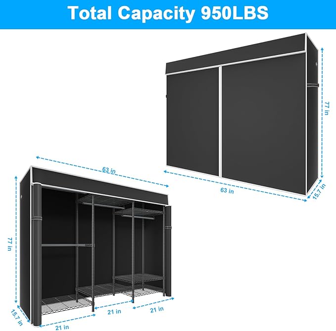 Ulif E13C Heavy Duty Closet Organizer System，Freestanding Clothing Racks for Hanging Clothes，Adjustable Garment Rack 63" W x 