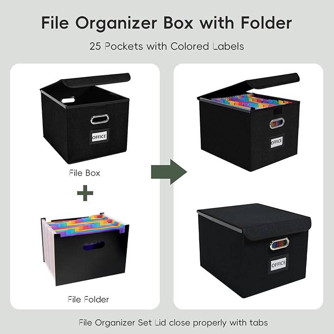 File Organizer Box with Folder, Accordion File Organizer 25 Pockets, File Folder Organizer with Lid for Home, Office, School,