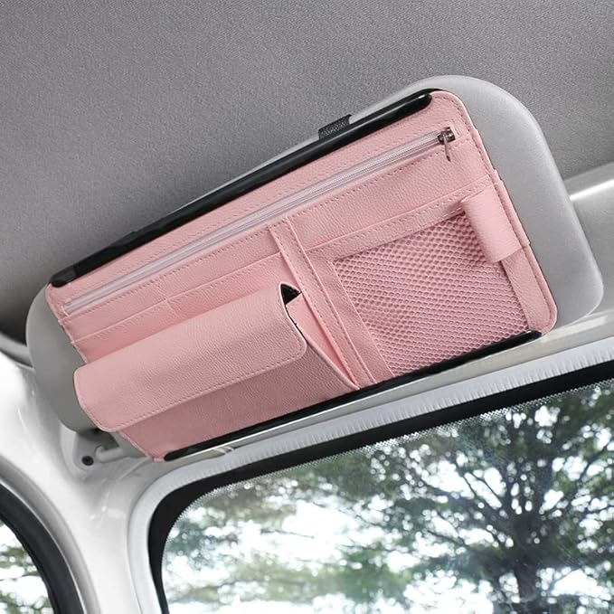 JEYODA Car Sun Visor Organizer Auto Car Visor Pocket and Interior Accessories Car Storage Organizer with Multi-Pocket Net Zippers (Style 2-Pink) 1942