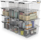 WYT 12 Pack Small 5-Quart Clear Plastic Storage Bins with Lids and Latch Buckles, Storage Organizer Container with Handle