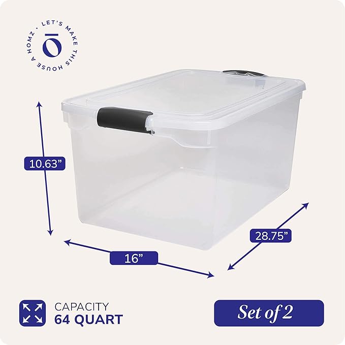 HOMZ 2-Pack Secure Latch, Clear Plastic Storage Organizer Bins, 64 Quart, Gray Latches - Stackable Container Boxes for Bedroo