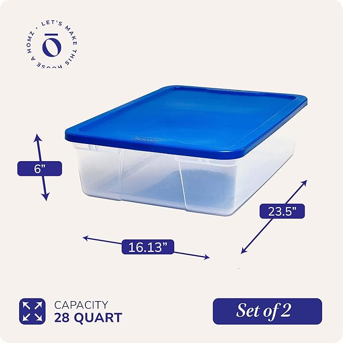 HOMZ 2-Pack Snaplock, Small Clear Plastic Storage Organizer Bins with Lids, 28 Quart, Blue - Stackable Container Boxes for Be