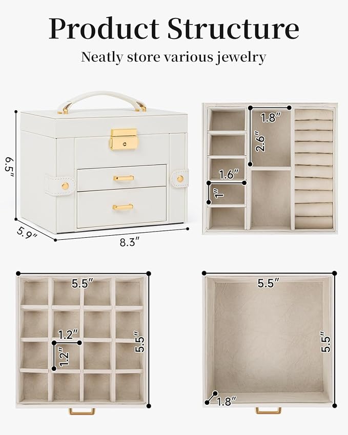 TORIBIO Jewelry Box for Women, Leather Jewelry Organizer with Mirror & Lock, 3-Tier Jewelry Storage Organizer with 2 Drawers 