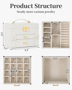 TORIBIO Jewelry Box for Women, Leather Jewelry Organizer with Mirror & Lock, 3-Tier Jewelry Storage Organizer with 2 Drawers 