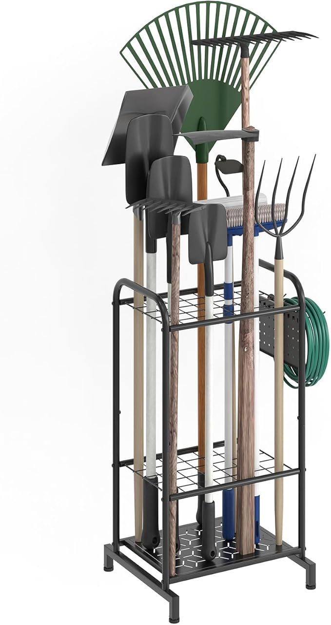 Garden Tool Organizer, Garage Tool Storage Rack, Heavy Duty Metal with Side Pegboard & Adjustable Hooks, Utility Racks for Sh