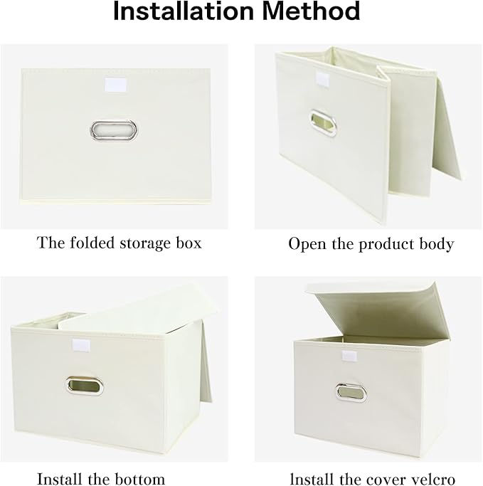 Linen Fabric Foldable Collapsible Storage Cube Bin Organizer Basket Fabric Storage Bins with Lid, Leather Handles, Removable 