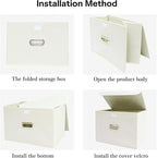 Linen Fabric Foldable Collapsible Storage Cube Bin Organizer Basket Fabric Storage Bins with Lid, Leather Handles, Removable 
