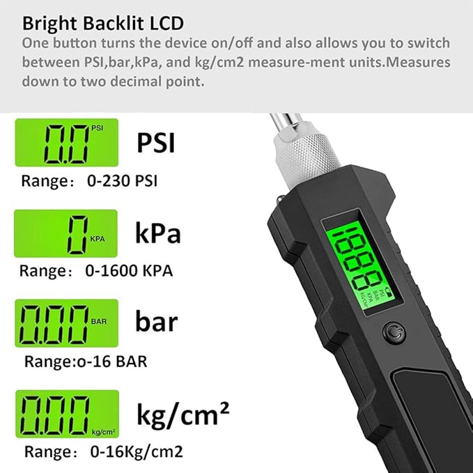 Digital Tire Pressure Gauge 230 PSI Auto Shut Off LCD Backlight Digital Display RV Heavy Duty Dual Head Rotatable Pressure Measuring Valve with LED Flashlight for RV Car Truck Motorcycle