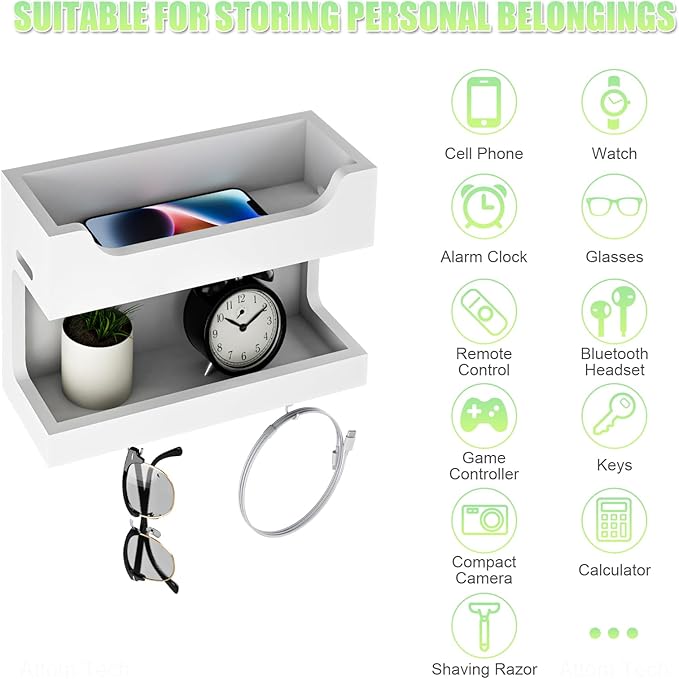 NiHome Wall Mounted Wooden Bedside Accessories Organizer, Double Tray Bedside Storage Shelf Rack with Magnetic Hooks, Bedroom
