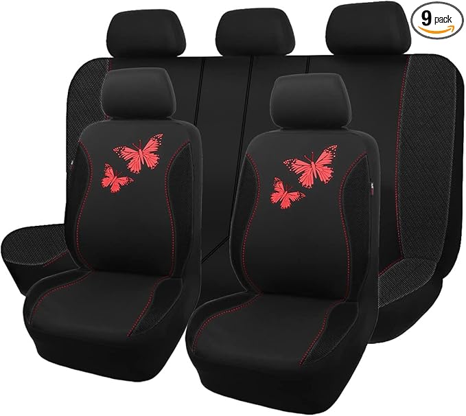 Flying Banner Butterfly car seat Covers ful Set Fashion Universal Lady Woman Female Rear Bench Split Colorized (Full Set, Red