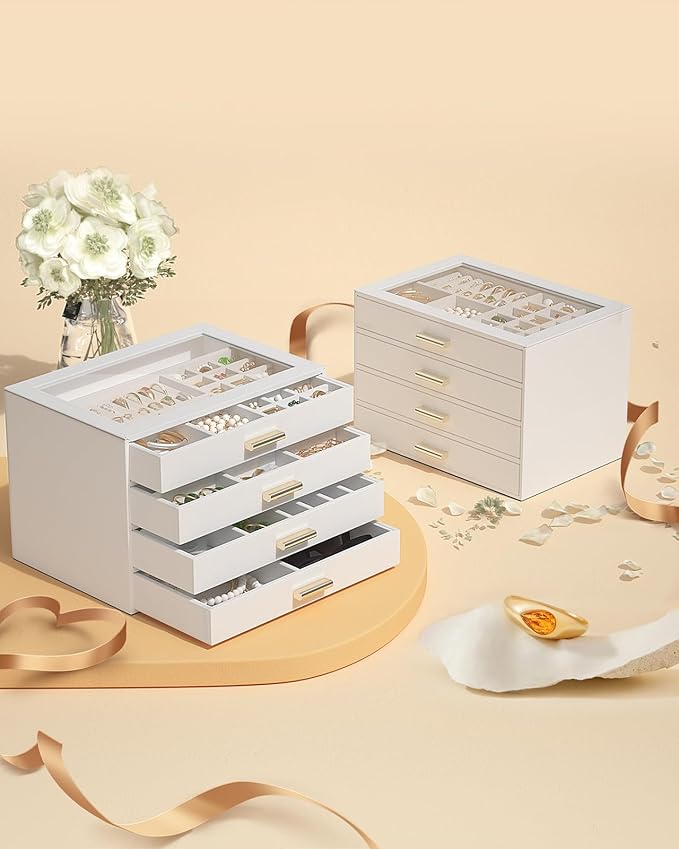 AKOZLIN Jewelry Box with Clear Lid Functional Leather Jewelry Storage Organizer Case 4 Drawers for Women Girls Necklace Ring 