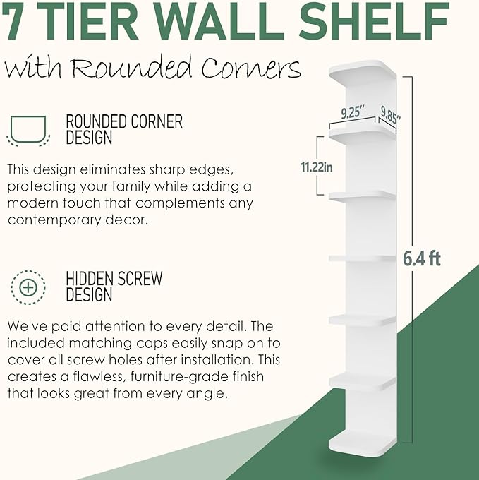 7 Tier Wall Shelf Unit White Floating Shelves for Wall, Decorative Lack Shelf for Storage Curved Edges, Tall Vertical Display