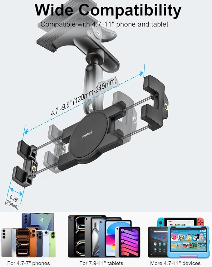 woleyi Tablet Holder for Car Sun Visor - [Metal Magic Arm] 360° Adjustable Car Tablet Mount with Ultra Stable Clamp for iPad Pro Air Mini, Galaxy Tabs, Z Fold, iPhone, Fire, Gopro, 4.7-11" Devices